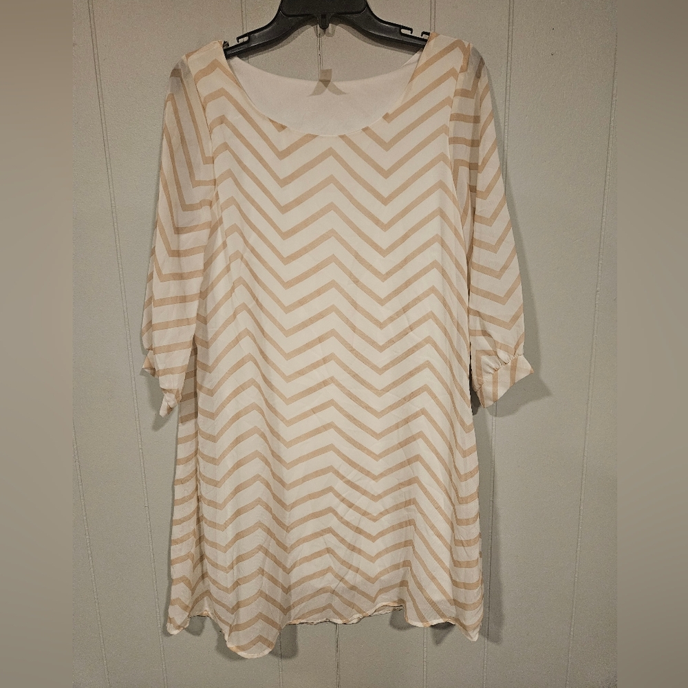 Miss 2 Day Tan White Chevron Stripe Long Sleeve Midi Dress Size Large Lined